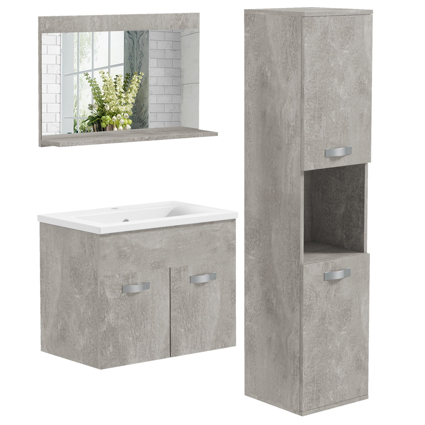 Badkamermeubelset – Badkamerkast – Wastafelmeubel – Spiegelkast – Kolomkast – Hangend Ontwerp – MDF Hardhout Afwerking – Grijs