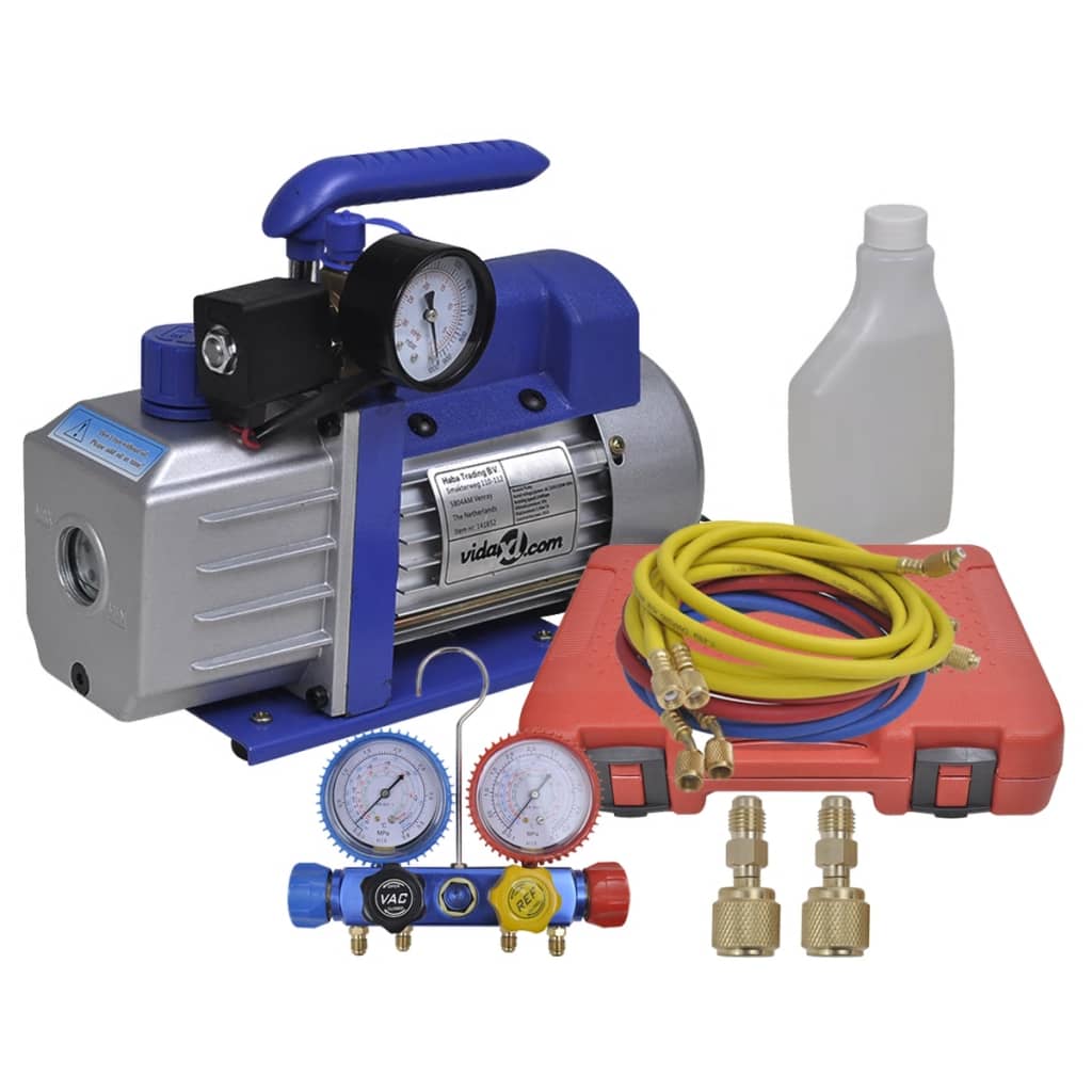 Vacuümpomp – Vacuümpomp Set – Koelsysteem Pomp – Airco Onderhoud – 4-weg Manifold – Aluminium Behuizing – Kleurgecodeerde Drukmeters