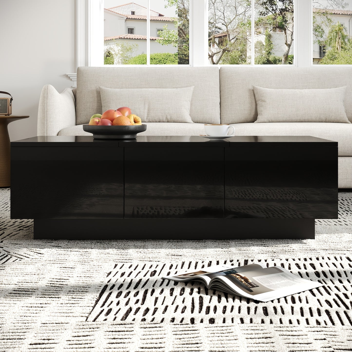 Modern High-Gloss Black Coffee Table with Drawers and Sliding Shelves | Rectangular Living Room Table with Ample Storage Space, Stylish Design, and Easy-to-Clean Surface