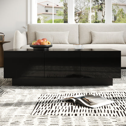 Modern High-Gloss Black Coffee Table with Drawers and Sliding Shelves | Rectangular Living Room Table with Ample Storage Space, Stylish Design, and Easy-to-Clean Surface