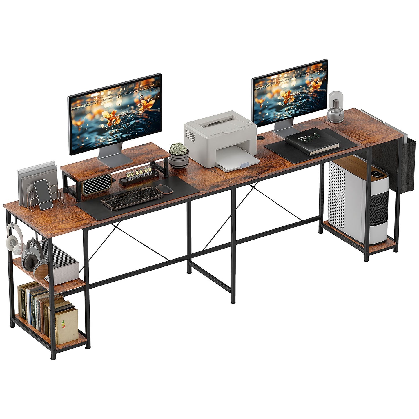 L-vormig Bureau – Hoekbureau – Thuiswerkplek Bureau – Werktafel – Computerbureau – Verstelbare Planken – Ergonomische Monitorstandaard – Rustieke Bruine Afwerking