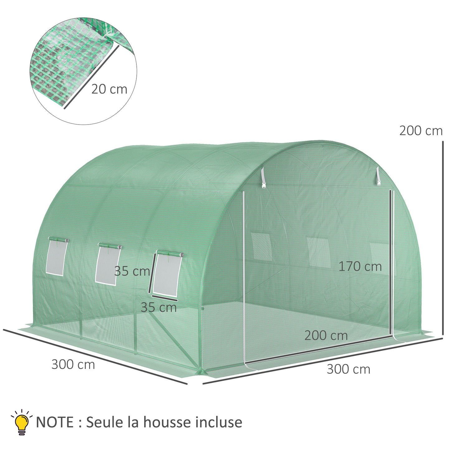 Vervangingshoes Kweekkas – Tunnelkas Hoes – Kweekkasfolie – Kashoes – Tunnelkashoes – 3x3x2 Meter – UV-bestendig & Waterdicht – 6 Oprolbare Ramen met Hor – Groen