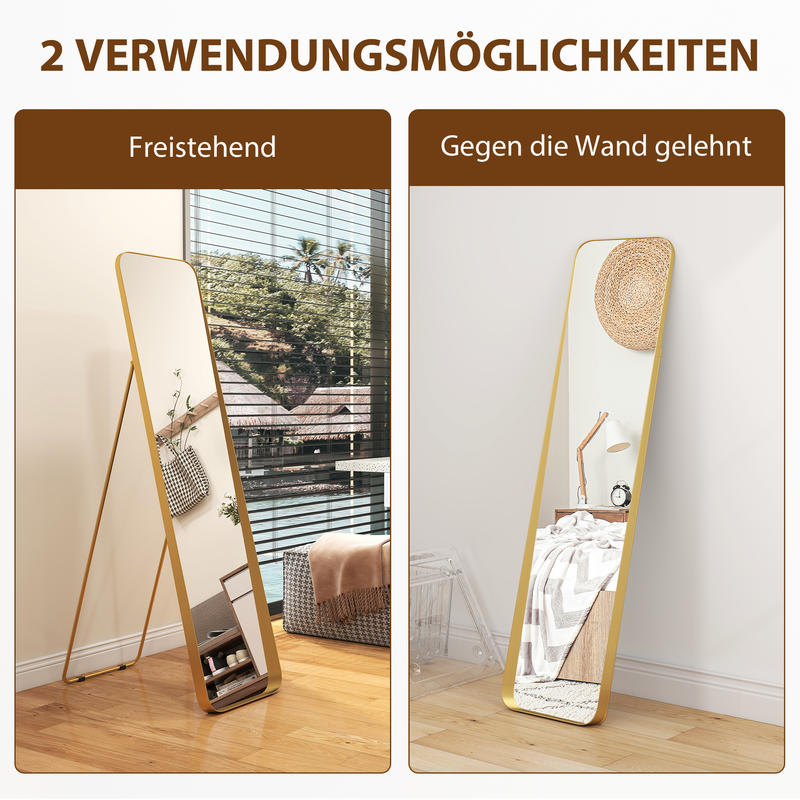 Full-Length Standing Mirror with Folding Frame - Freestanding or Wall-Mounted Large Floor Mirror with Sturdy Metal Frame & MDF Construction, Golden Finish, Space-Saving Vertical Design for Living Room, Dressing Room, Bedroom