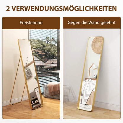 Full-Length Standing Mirror with Folding Frame - Freestanding or Wall-Mounted Large Floor Mirror with Sturdy Metal Frame & MDF Construction, Golden Finish, Space-Saving Vertical Design for Living Room, Dressing Room, Bedroom