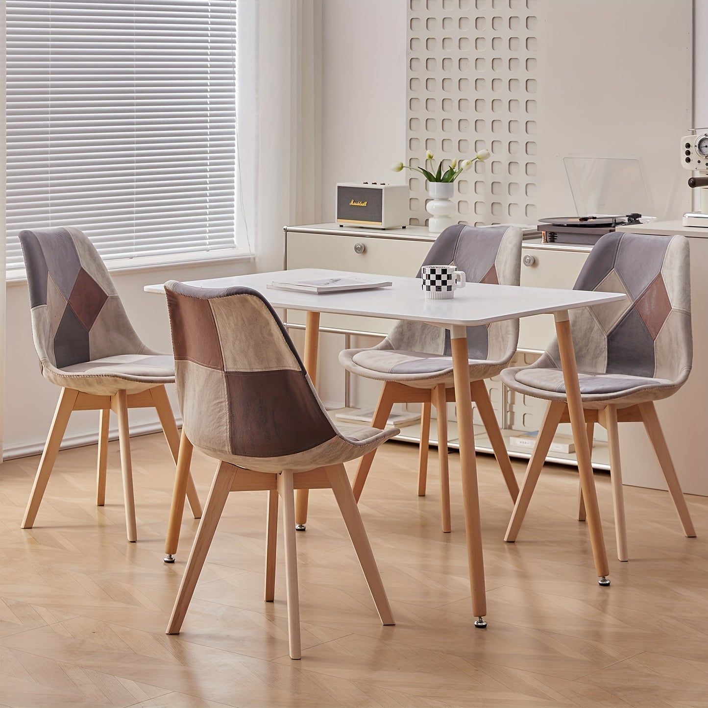 Scandinavische Stoelen – Eetkamer Stoelen – Bureaustoelen – Patchwork Stoelen – Set Van 4 – Ergonomisch Zitcomfort – Beukenhouten Frame Bruin
