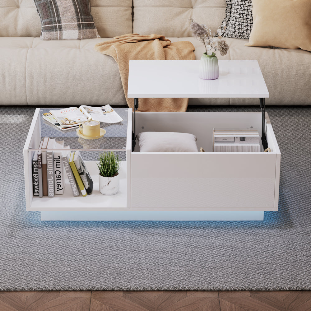 Modern Adjustable Height Coffee Table with Hidden Storage & Shelves - Heavy-Duty Metal Construction, High-Gloss Finish, Space-Saving Design with Lower Shelf & Openable Compartment, Easy Assembly, Contemporary Living Room Furn