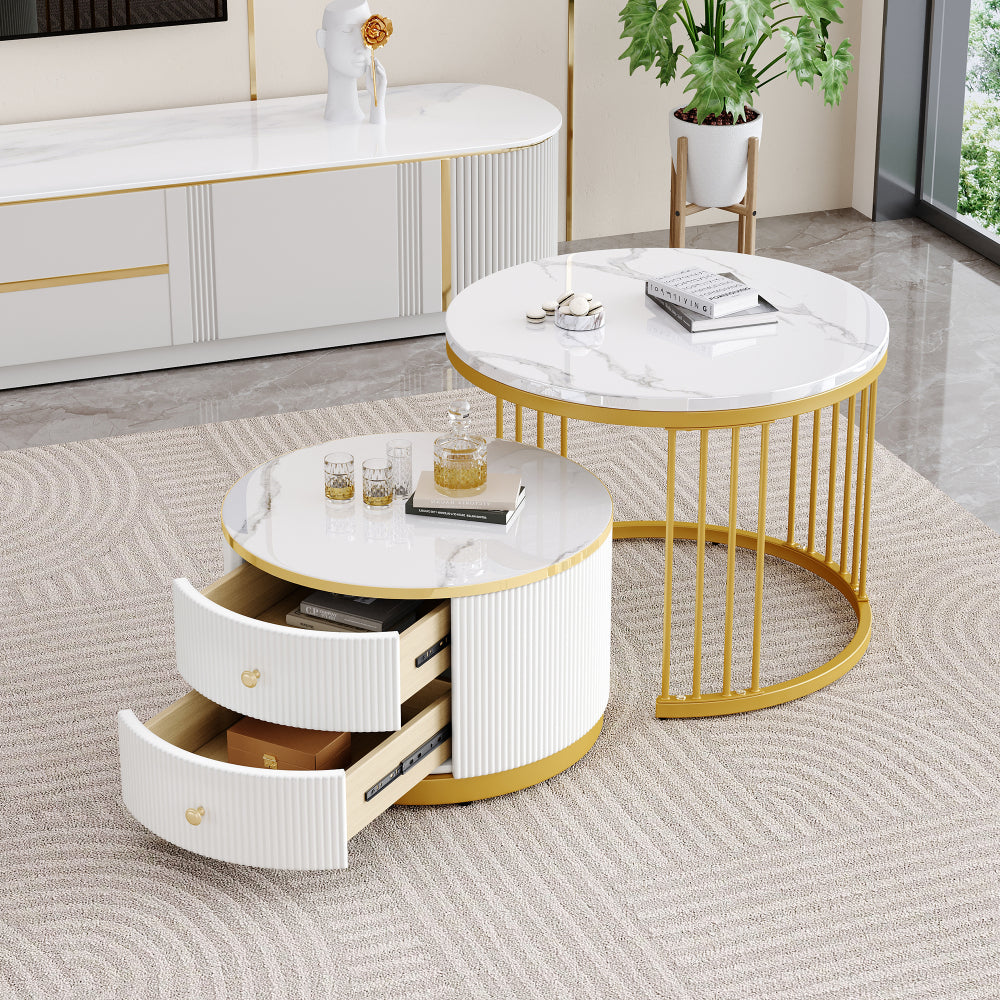 Modern Nesting Coffee Table Set with Two Drawers - Space-Saving Stackable Design, Marble-Like Round Tabletops, Metal Frame & High-Gloss Finish, 60x60x45.5cm & 50x50x32cm, 30kg Weight Capacity, Easy Assembly for Small Living R