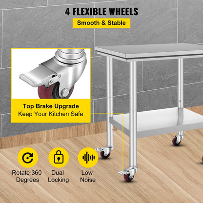 Werktafel – Werkbank – Werkoppervlak – Werkplateau – Roestvrijstaal – Verstelbare Planken – Zwenkwieltjes – 61x76x86 cm