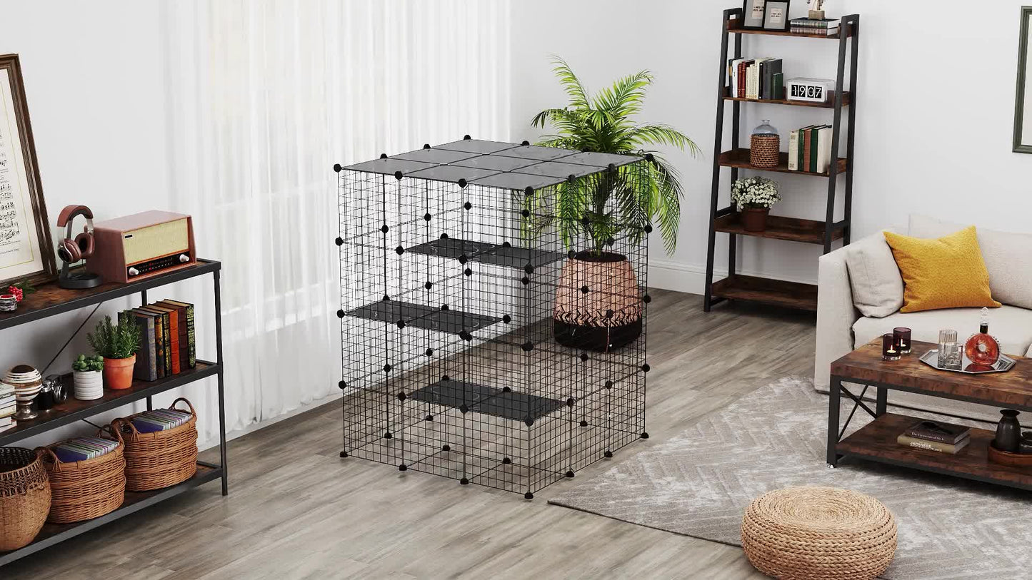 Modulaire Binnenren – Konijnenren – Kleine Dierenkooi – Binnenkooi – Huisdierenren – Zwart Metalen Draadwerk – 4 Niveaus en 1,1 m² Speelruimte