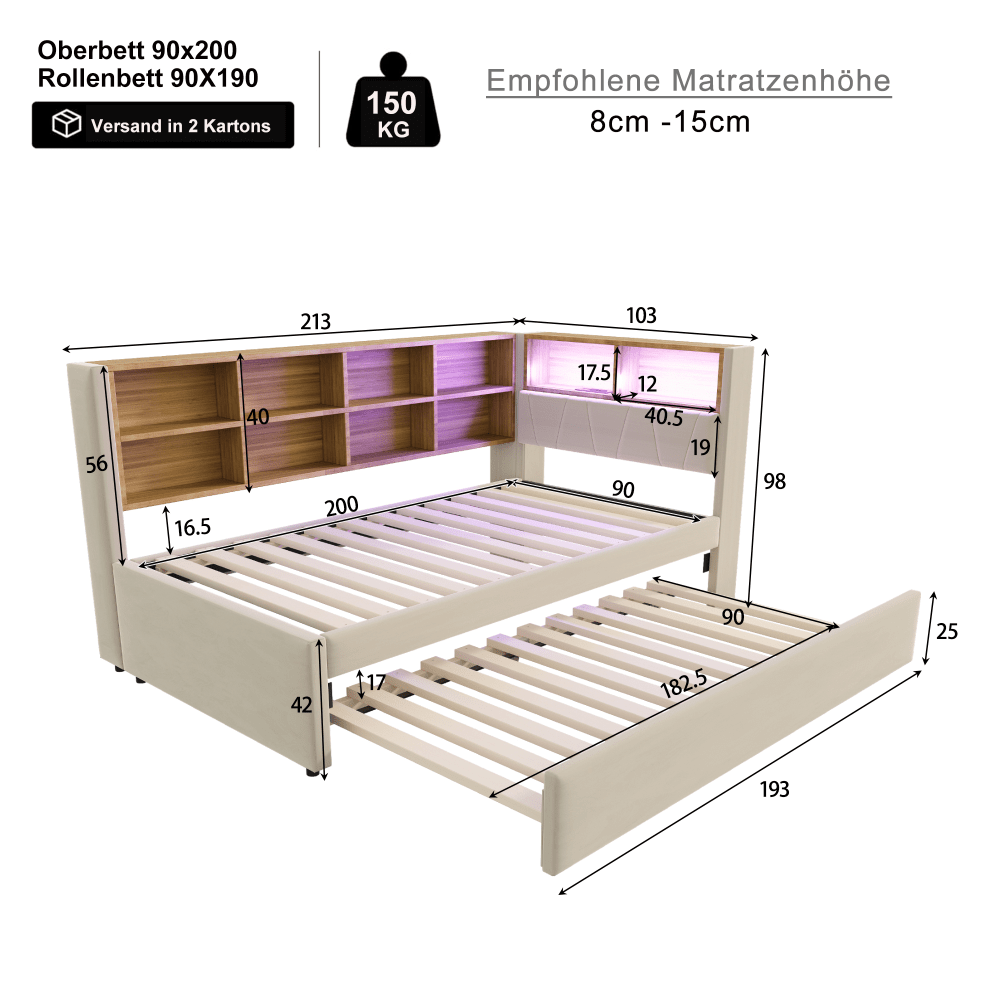 Sofa Bed 90x200, Pull-out Bed 90x190, Equipped with Multiple Storage Compartments, Upholstered Bed, Multi-functional Sofa Bed, Single Bed, Flannel, Beige.