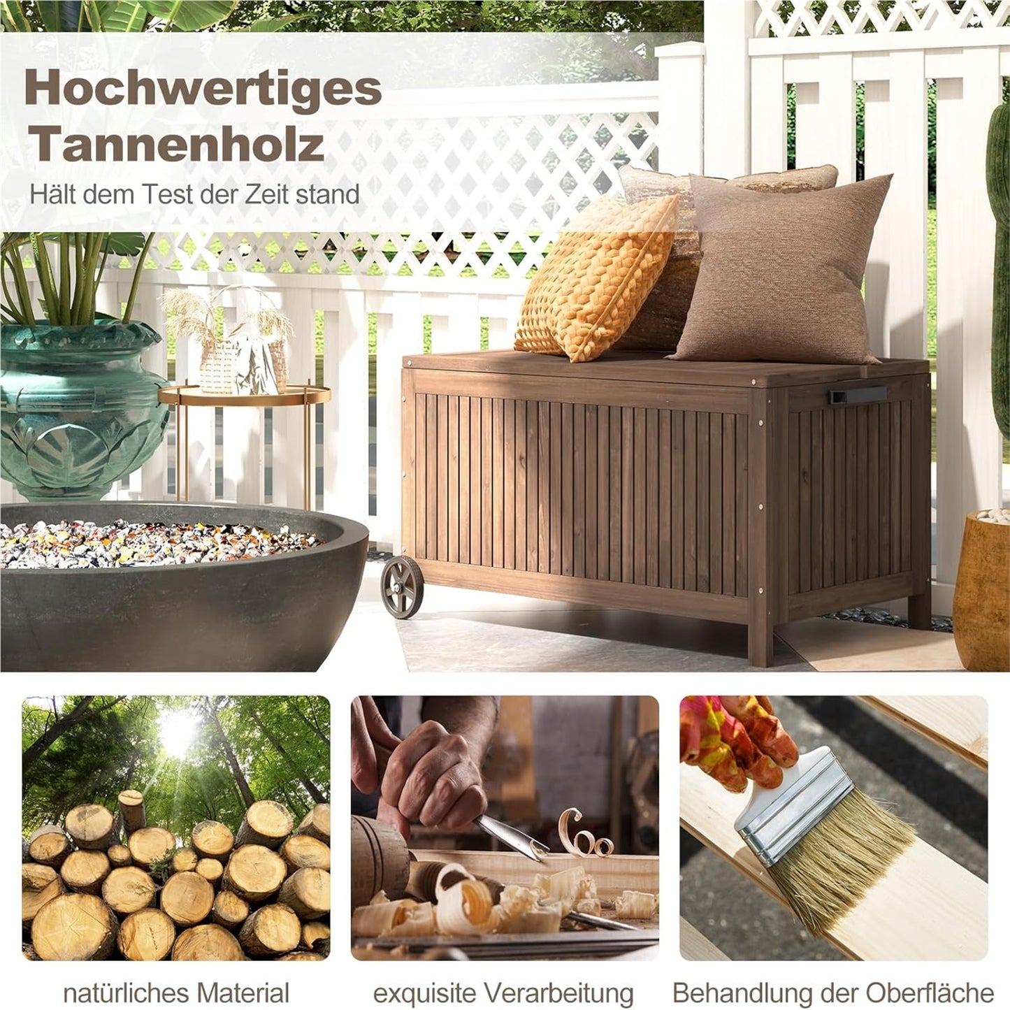 Houten Tuinkist – Opbergbox – Tuinbox – Kussenbox – Tuinberging – Waterdichte PE Voering – Met Wielen en Handvat – 213 Liter – Bruin