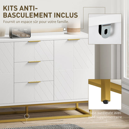 Buffet – Dressoir – Opbergkast – Kastenmeubel – Wit – Met Gouden Metalen Accenten – 120x40x76 cm – Verstelbare Planken en 3 Ladevakken