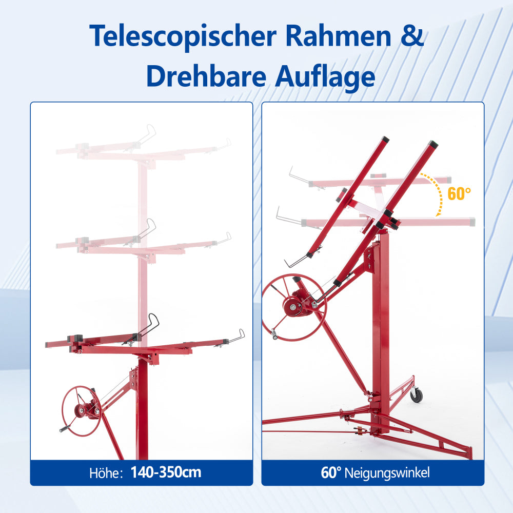 Gipsplaatheftruck – Gypsum Board Lifter – Plaat Tilwagen – Platen Klem – Gipsplaat Tilapparaat – Verstelbare Werkhoogte 140-350 cm – Kantelbaar Tot 60 Graden