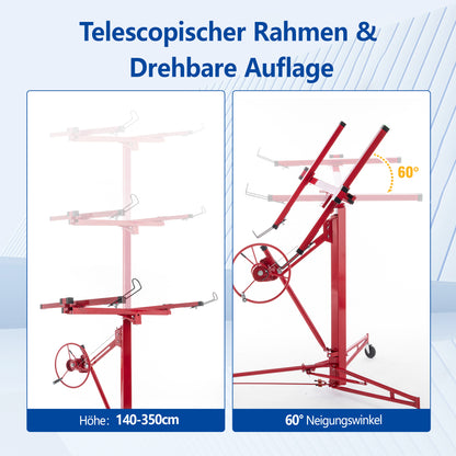 Gipsplaatheftruck – Gypsum Board Lifter – Plaat Tilwagen – Platen Klem – Gipsplaat Tilapparaat – Verstelbare Werkhoogte 140-350 cm – Kantelbaar Tot 60 Graden