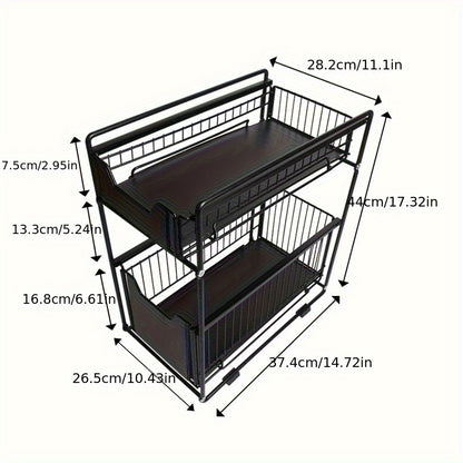 Metalen Organizer – Opbergmand – Opbergbak – Opbergrek – Uittrekbare Lade – 2-Laags – Duurzaam Metaal – Antislipbasis – Art Deco Design – 38x45 cm