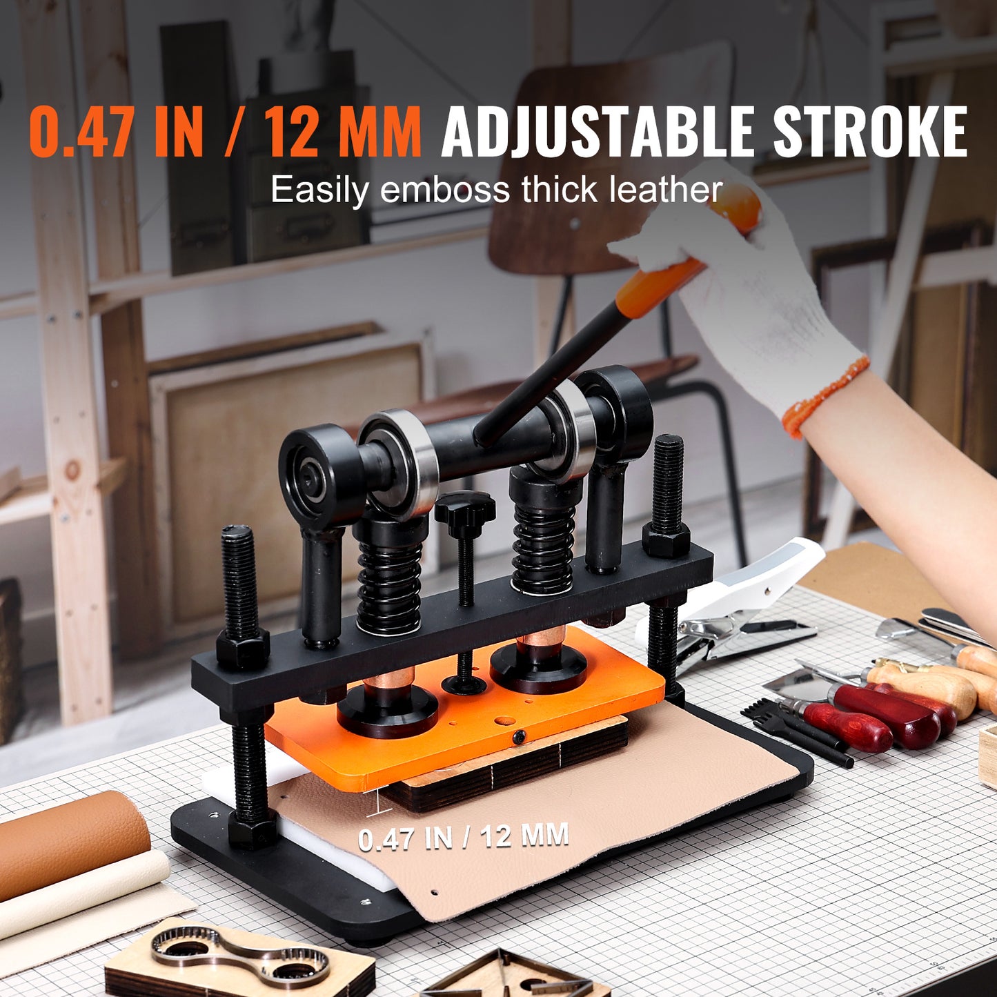 VEVOR Leather Cutting Machine, 25.9 x 12 cm Embossing Plate Manual Die Cutter, 1.2 cm Pressure Stroke Leather Embossing Machine, Dual Guide Shafts Die Cut Machine for Various of Materials