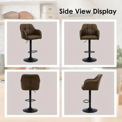 Barkruk – Barstoel – Keukenstoel – Barkrukken Set – Barstoelen Set – Verstelbaar – Draaibaar 360° – Met Armleuningen – Met Memory Foam Zitting – Zwaar Metalen Frame – Bruin Stof – Set van 2