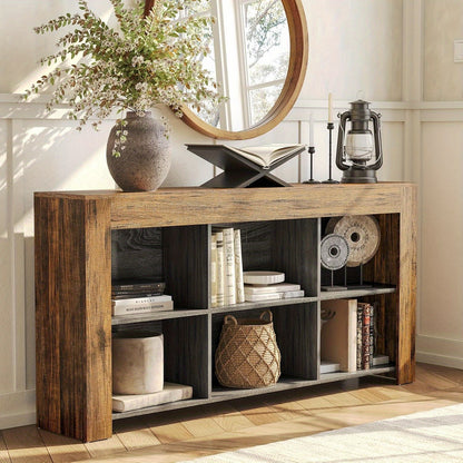 Sofatafel – Console Tafel – Bijzettafel – Sidetable – Wandtafel – 160 cm Lang – Houtvezelplaat & Hardhout – 2-laags Met 6 Opbergvakken – Smal Design Voor Hal Woonkamer