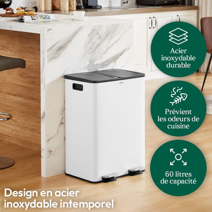 Afvalbak Keuken – Prullenbak – Vuilnisbak – Afvalcontainer – Recyclebak – 60L Dubbele Compartimenten – RVS Geborsteld Met Voetpedaal En Geurfilter