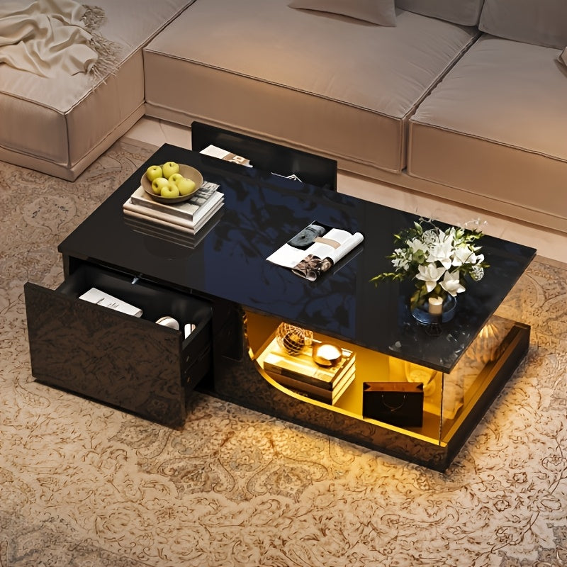 Salontafel – Coffee Table – Sofa Table – Woonkamertafel – Bijzettafel – Modern Design – Glas Tafelblad & Zwart Metaal Frame – 2 Lades Met Kastdeurtje – Compact & Praktisch