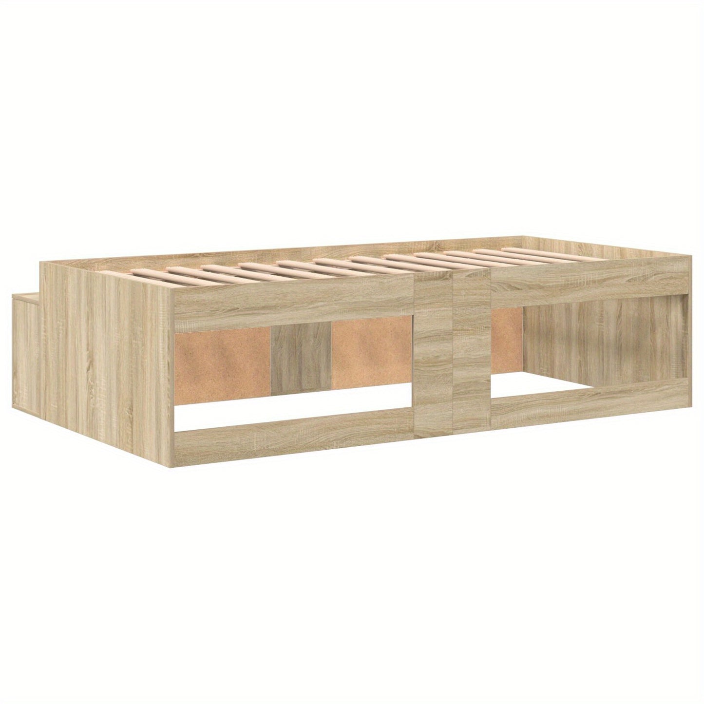 Opbergbed – Opbergbedframe – Bed met Laden – Eenpersoonsbed – Slaapbank – Eiken Bruin – 90x200 cm – Hardhouten Frame – Ingebouwde Opbergladen