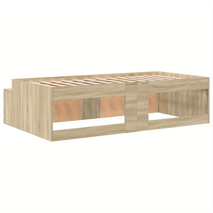 Opbergbed – Opbergbedframe – Bed met Laden – Eenpersoonsbed – Slaapbank – Eiken Bruin – 90x200 cm – Hardhouten Frame – Ingebouwde Opbergladen