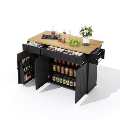 Keukeneiland – Keukentrolley – Keukenkast – Serveerwagen – Keukenwagen – Matzwart – Inklapbaar Werkblad – Lockbare Wieltjes – 137x89,5x45 cm