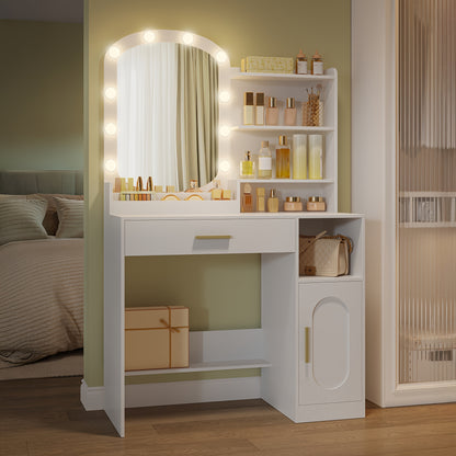 Jewelry Cabinet, Dressing Table With Oval Mirror, Dressing Table With LED Lights, Adjustable Brightness, Vanity Desk With Drawer, Cabinet And Open Compartments, Modern Bedroom Dresser, Jewelry Armoires - QUORE