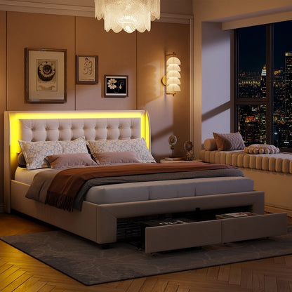 Bedframe – Tweepersoonsbed – Gestoffeerd Bed – Opbergbed – Lattenbodem – 160x200 cm – Velvet Bekleding – LED Hoofdbord met USB-aansluiting