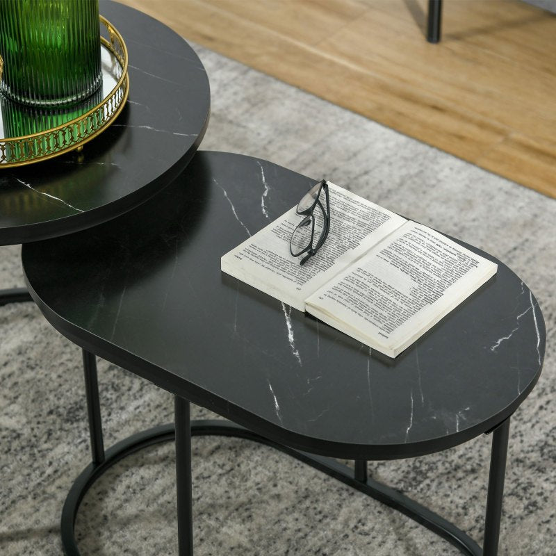 Salontafel – Koffietafel – Bijzettafel – Woonkamertafel – Zwart Stalen Frame – Stapelbaar & Marmerlook MDF Blad – 50 x 50,5 cm / 60 x 36 cm – Max 30 kg Draagkracht
