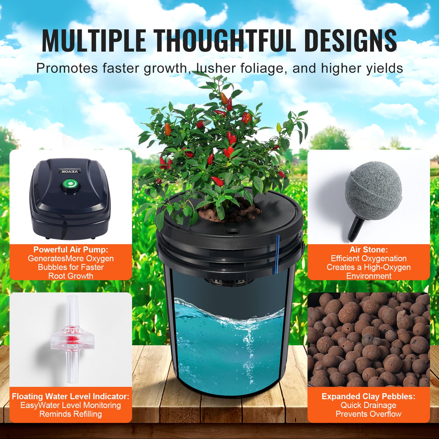 Deep Water Culture Hydrocultuursysteem – Hydroponisch Systeem – Plantenbakken – Hydrocultuur Kit – Groeisysteem – 4 x 19L PP Bakken – Krachtige Luchtpomp met Waterniveaumeter – Zwart