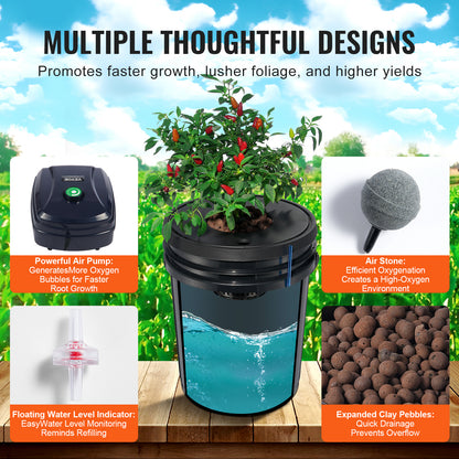 Deep Water Culture Hydrocultuursysteem – Hydroponisch Systeem – Plantenbakken – Hydrocultuur Kit – Groeisysteem – 4 x 19L PP Bakken – Krachtige Luchtpomp met Waterniveaumeter – Zwart