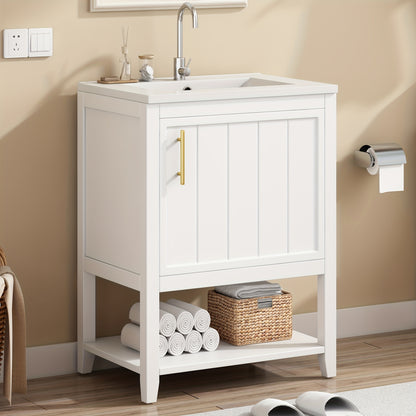Bathroom Furniture, Single Washbasin, Vanity Unit 60 Cm, With Ceramic Washbasin With Shelf, White