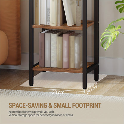 Boekenkast – Boekenrek – Vakkenkast – Opbergkast – Stellingkast – 7-laags vrijstaand – Industrieel vintage bruin en zwart – Slim smal design – Stevig metalen frame