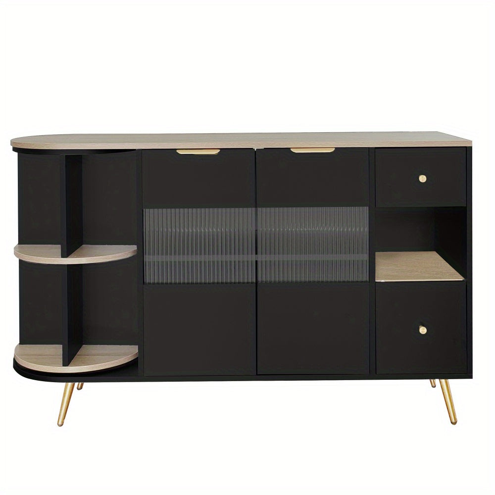 Dressoir – Opbergkast – Ladekast – Buffetkast – Wandkast – Zwart Met Schuifdeuren Van Glas – Vochtbestendig Niet-Houten Materiaal Met Gouden Accenten