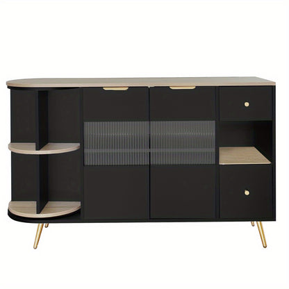 Dressoir – Opbergkast – Ladekast – Buffetkast – Wandkast – Zwart Met Schuifdeuren Van Glas – Vochtbestendig Niet-Houten Materiaal Met Gouden Accenten