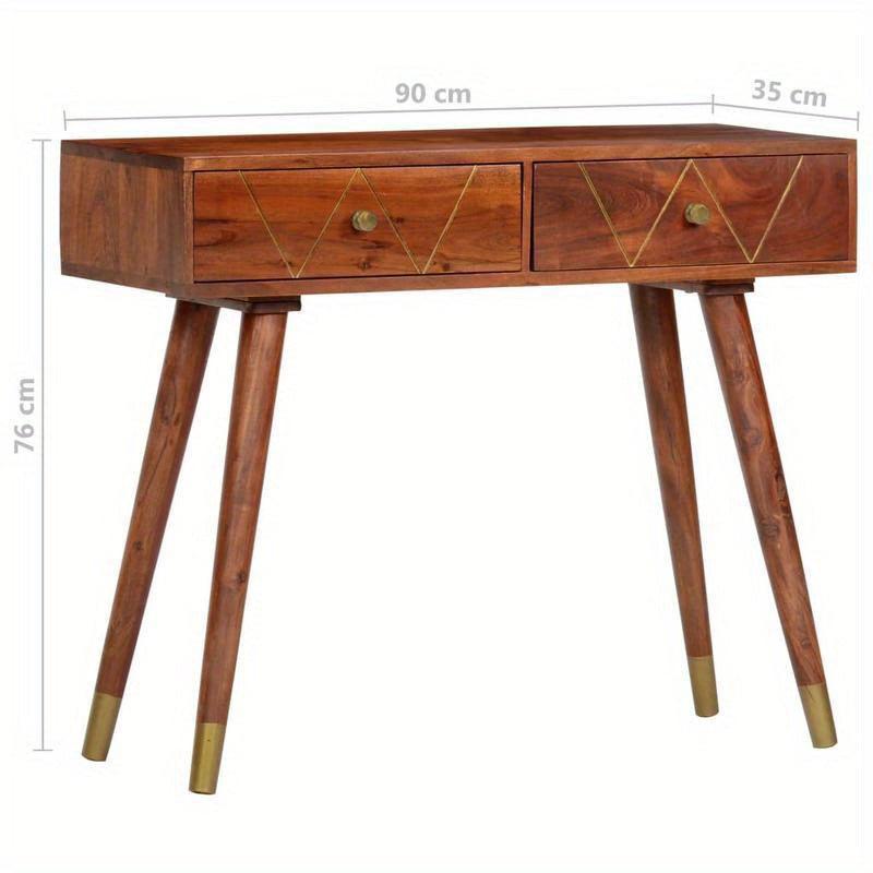 Elegant Solid Acacia Wood Wall Table with Geometric Brass Handles - 3-Drawer Design, 90x35x76cm, Ideal for Bedroom, Living Room, Office - Natural Floor Standing Storage Unit, Cute Room Decor, Standing Shelf