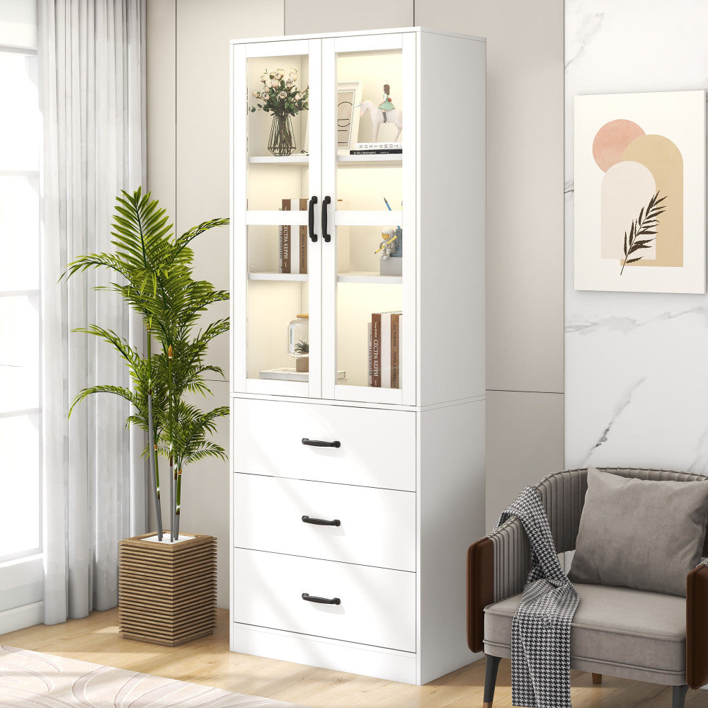 Vitrinekast – Glazen Kast – Opbergkast – Wandvitrine – Standkast – Wit – 200 cm Hoog – 3 Lades & Verstelbare Planken