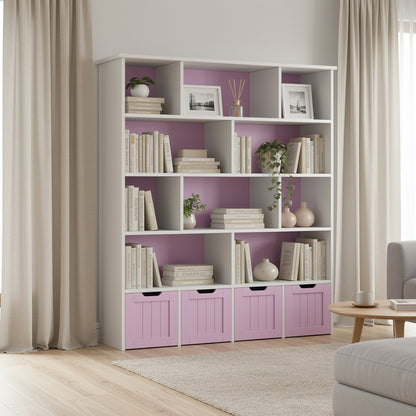 Boekenkast – Opbergkast – Boekenrek – Wandkast – Ladenkast – Houten 5-laags kast – Met 4 laden en open planken – Incl. wieltjes en slot – 68,5 cm hoog – Roze