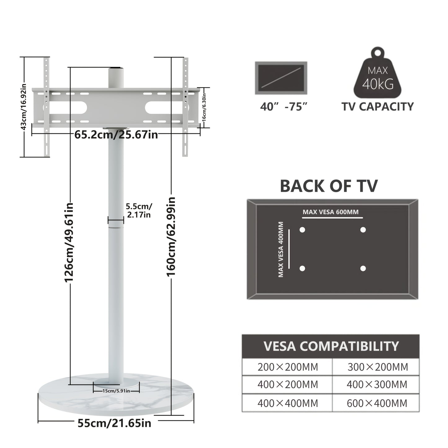 TV Standaard – TV Statief – Vloerstandaard – TV Voet – Monitorstandaard – Verstelbare Hoogte 130-170 cm – Sintered Stone Basis & SPCC Staal