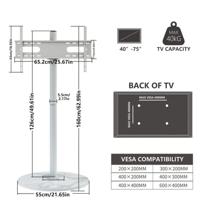 TV Standaard – TV Statief – Vloerstandaard – TV Voet – Monitorstandaard – Verstelbare Hoogte 130-170 cm – Sintered Stone Basis & SPCC Staal