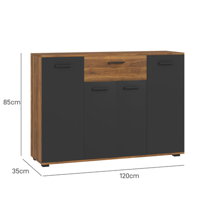 Buffetkast – Dressoir – Opbergkast – Kast – Sideboard – Bruin Zwart Kleurblok – 4 Kasten Met Lade En Verstelbare Planken – Afmetingen 120x35x85 cm