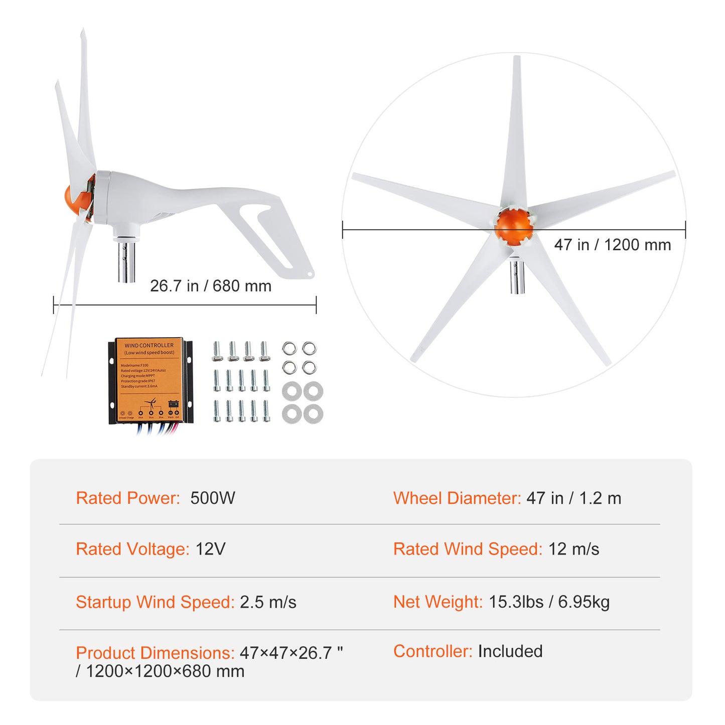 Windgenerator – Windturbine – Windmolen – Windenergie Generator – 500W Vermogen – 12V Met Verstelbare Windrichting