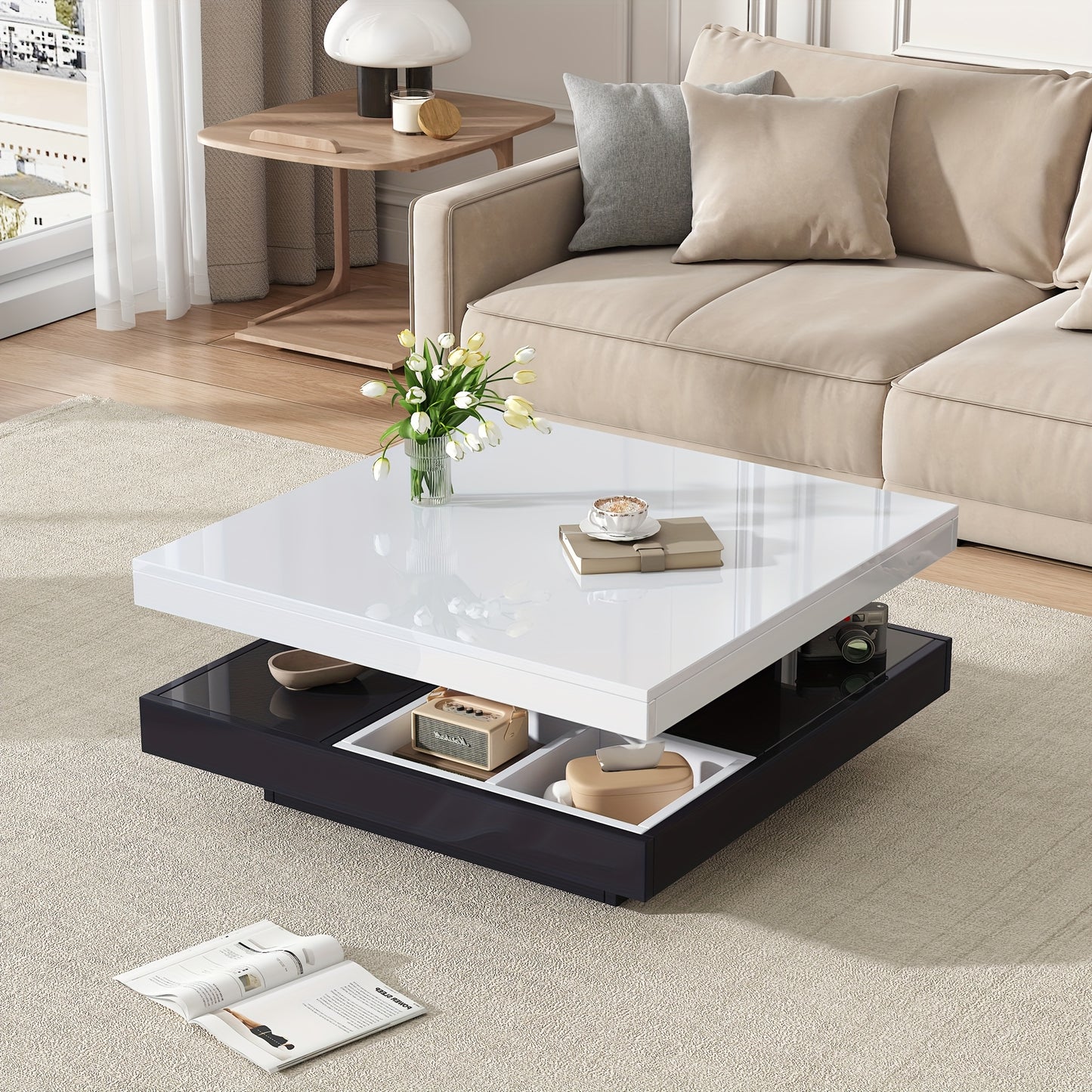 Salontafel – Woonkamertafel – Koffietafel – Bijzettafel – Draaibare Tafel – Hoogglans Wit – Zwart Frame – 360° Draaibaar – 2-Niveaus Opbergruimte 70x70x36 cm