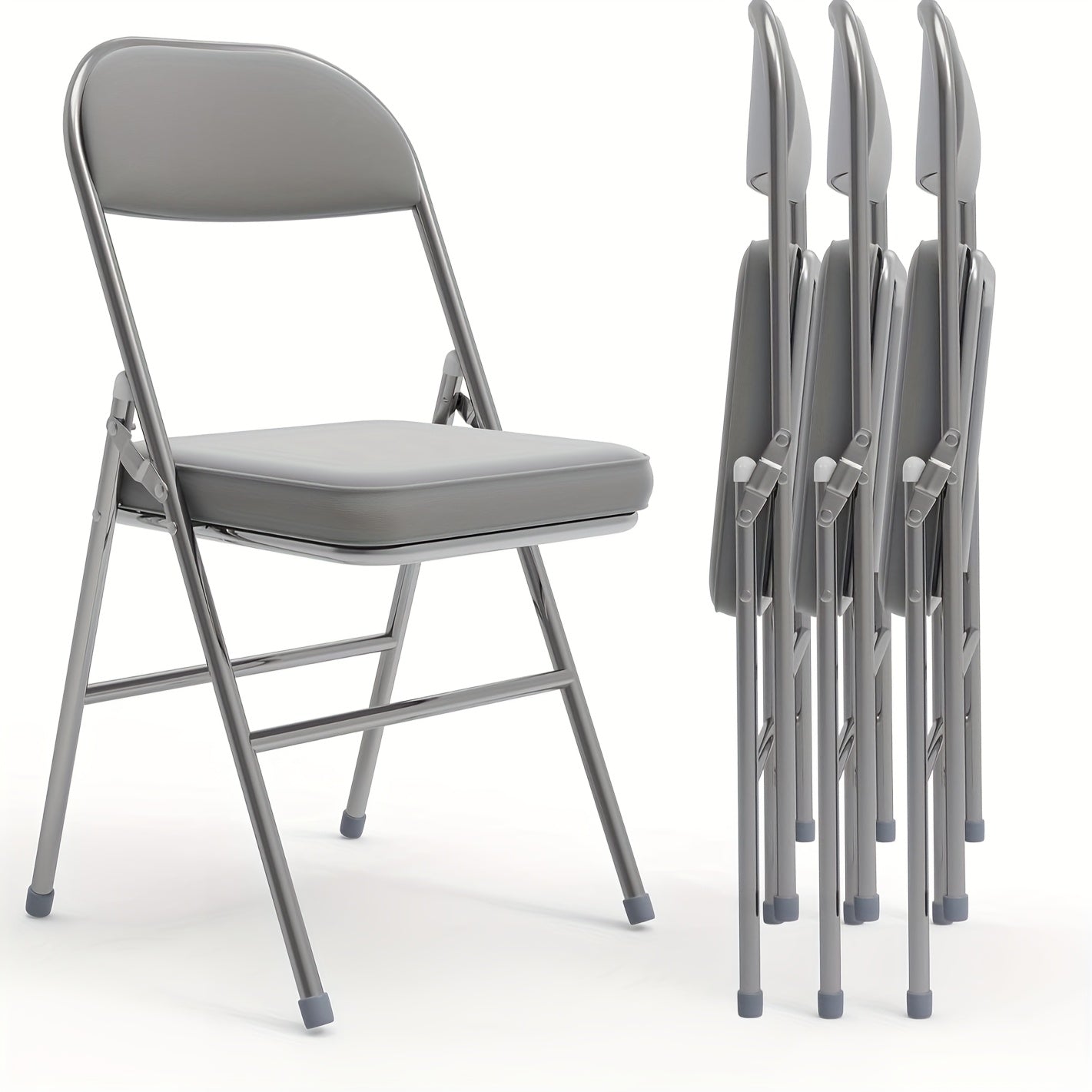Set of 4 metal folding chairs upholstered in leather, indoor folding chairs, comfortable PU folding chair, foldable, space-saving, for parties picnics, Grey