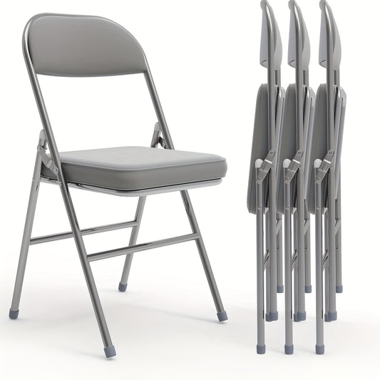 Set of 4 metal folding chairs upholstered in leather, indoor folding chairs, comfortable PU folding chair, foldable, space-saving, for parties picnics, Grey