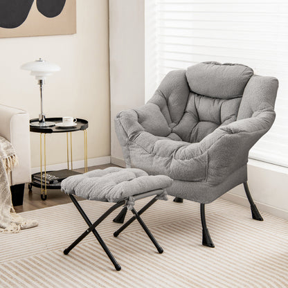 Loungestoel – Fauteuil – Relaxstoel – Accentstoel – Sherpa Stoel – Inklapbare Voetenbank – Zachte Sherpa Bekleding – Zijvak Voor Opslag