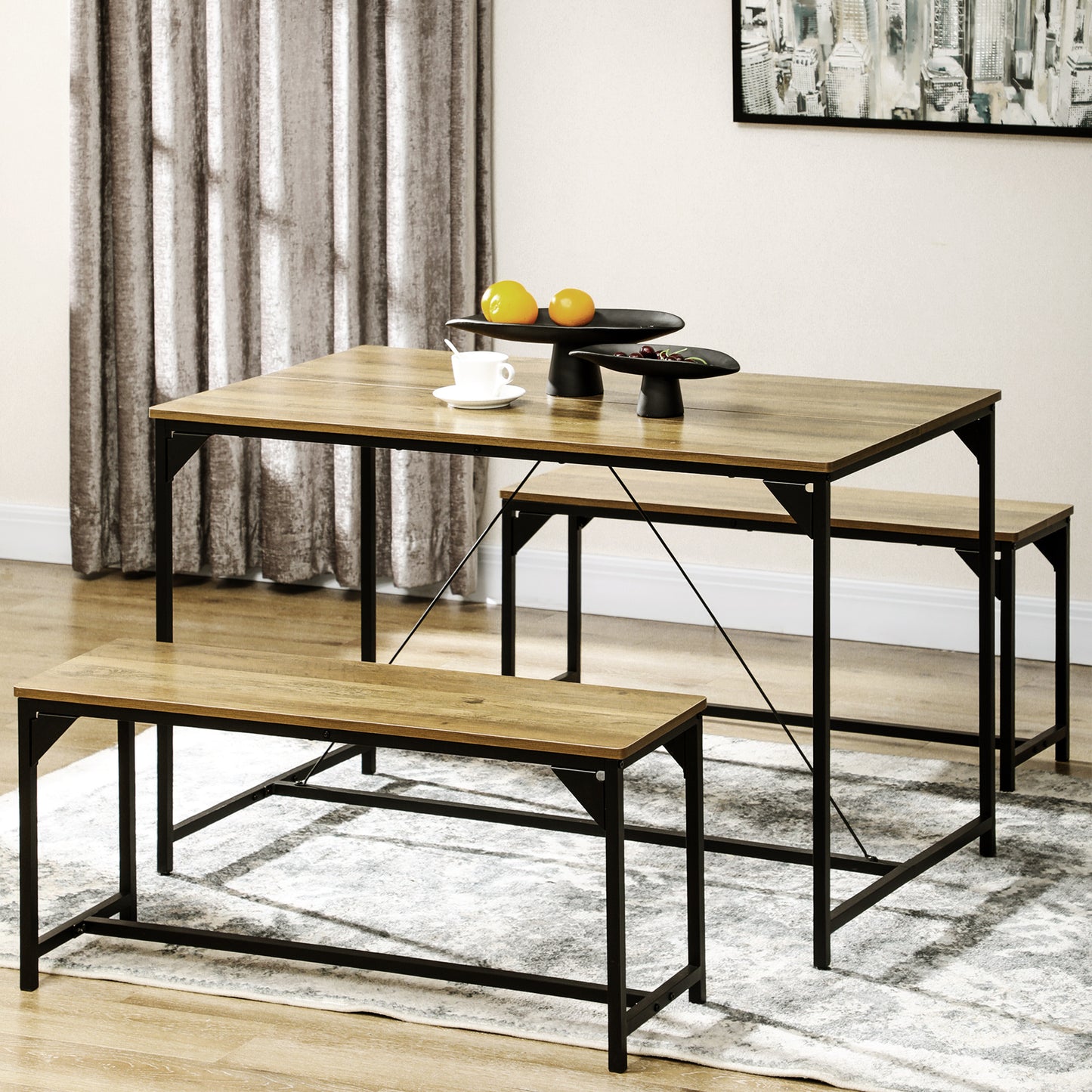 Eettafelset – Tafel met Banken – Eettafel Bank – Keukentafelset – Industriële Eetset – Vintage Stijl – Ruimtebesparend Ontwerp – Gehard Staal & Houtlook