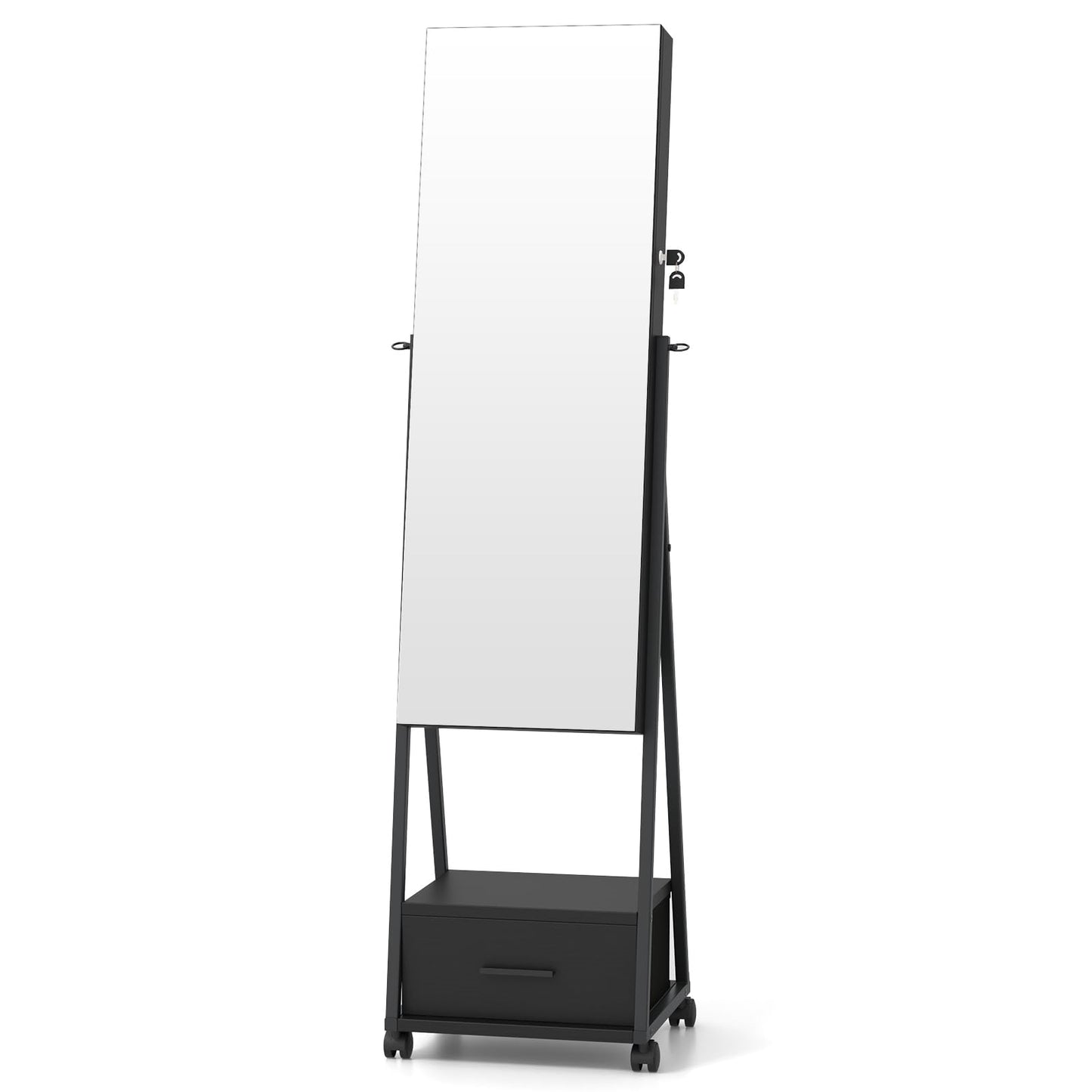 Sieradencabinet – Sieradenkast – Spiegelkast – Make-upkast – Opbergkast – Vrijstaand – Met Slot – Mobiel Met Wieltjes – Zwart – MDF Met Metaal – 42x38x157 cm