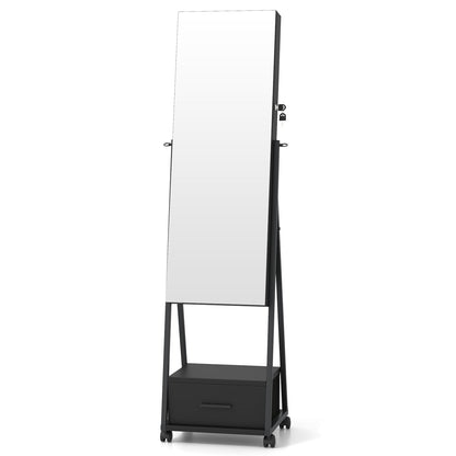 Sieradencabinet – Sieradenkast – Spiegelkast – Make-upkast – Opbergkast – Vrijstaand – Met Slot – Mobiel Met Wieltjes – Zwart – MDF Met Metaal – 42x38x157 cm